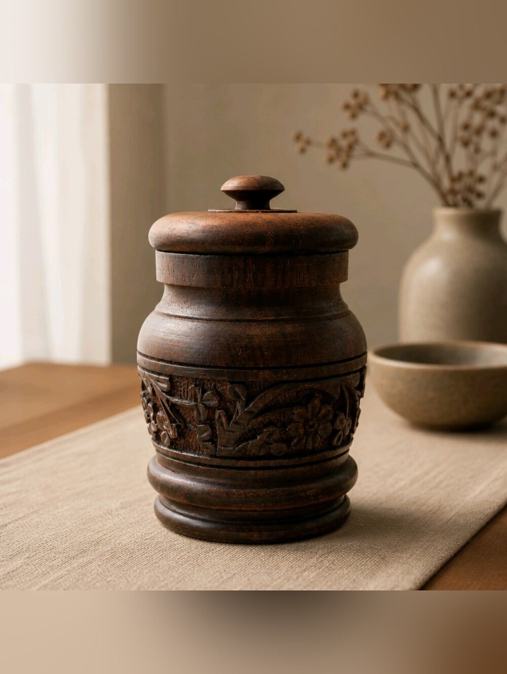 Hand-Turned Wooden Lidded Canister - Dark Brown With Deep Floral Motif Design